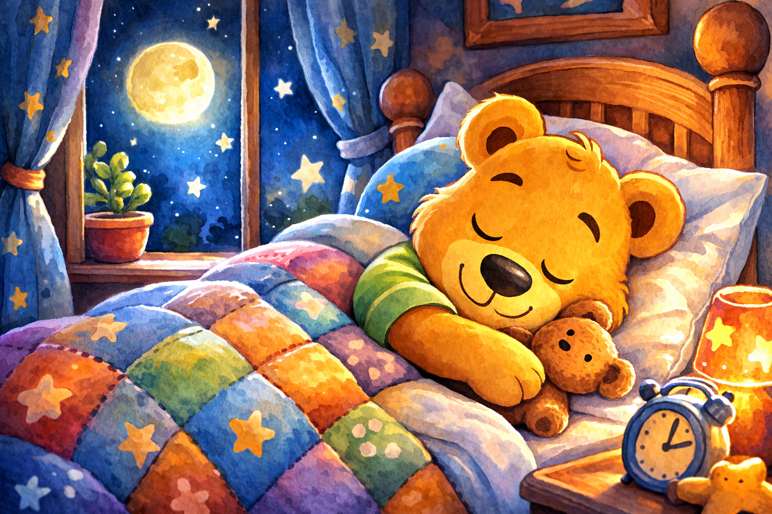 Woofie curled up sleeping in a cosy bed with moonlight and stars