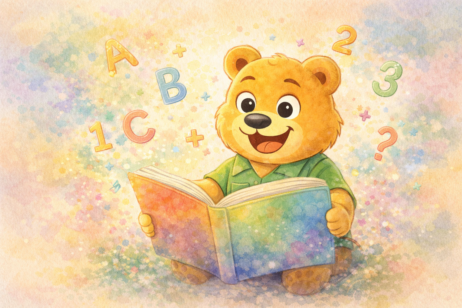 Woofie wearing glasses and reading a colourful book