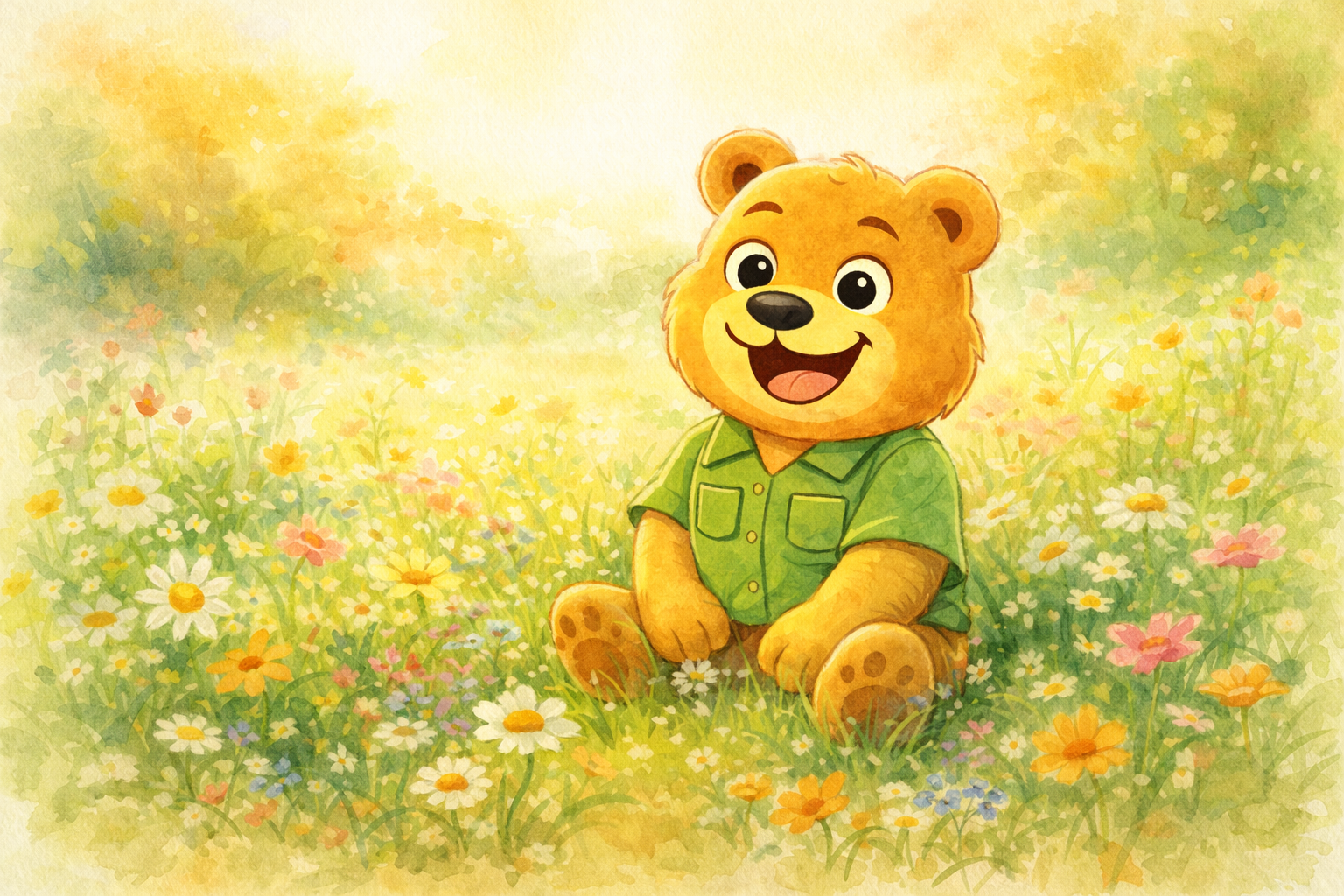 Woofie the Chow Chow sitting in a sunny meadow full of wildflowers